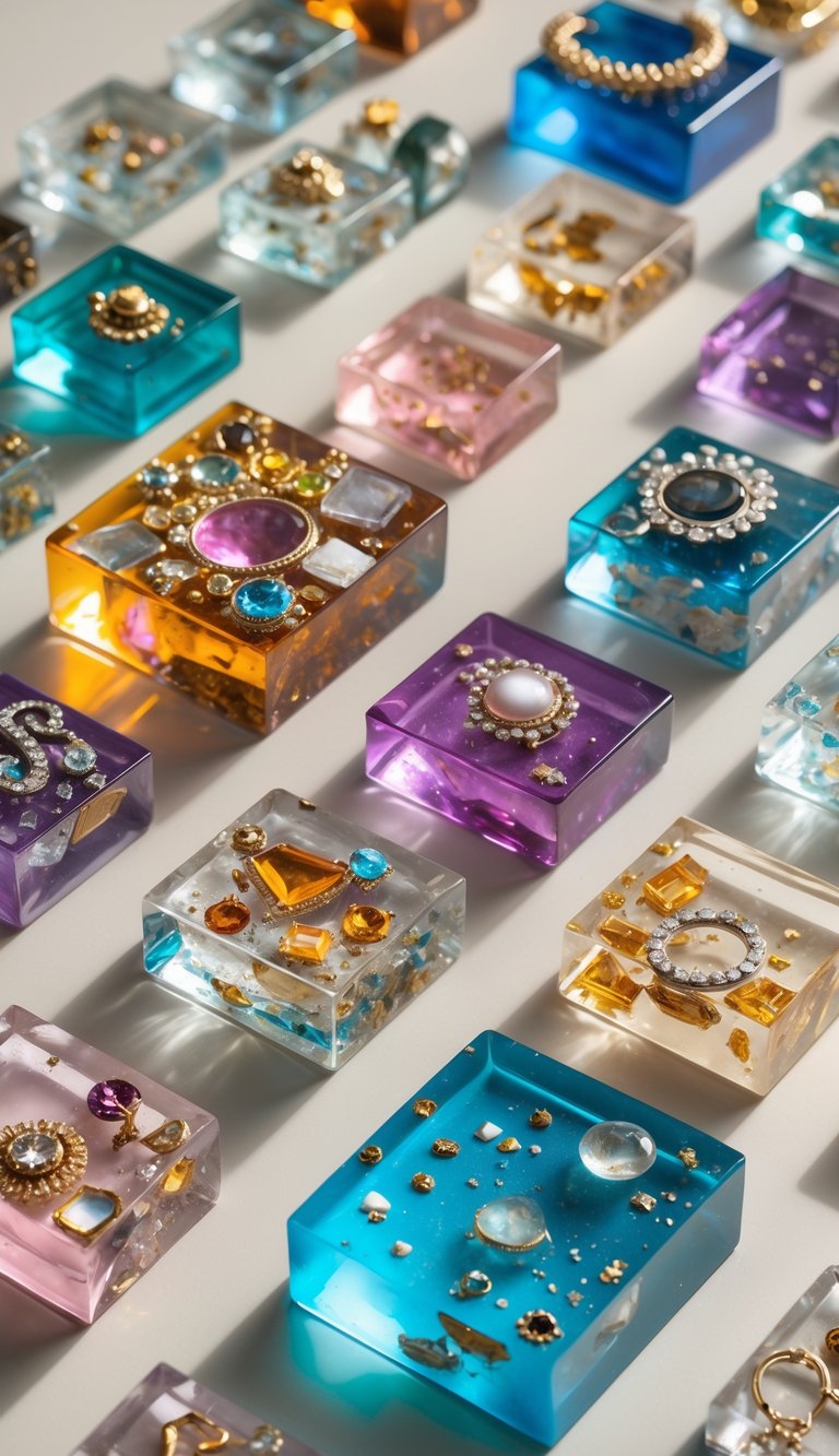 A collection of colorful resin paperweights embedded with broken jewelry pieces arranged on a neutral surface.